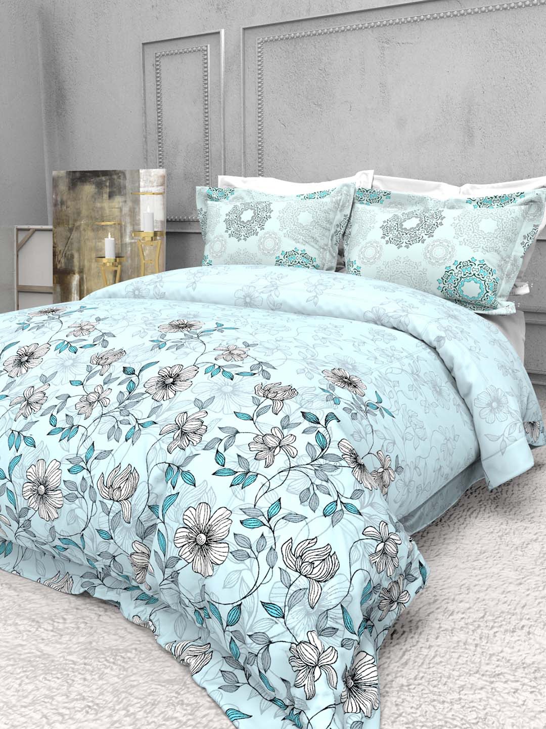 

THE WHITE MOSS Seasons Blue & White 220 TC Pure Cotton King Bedsheet & 2 Pillow Covers