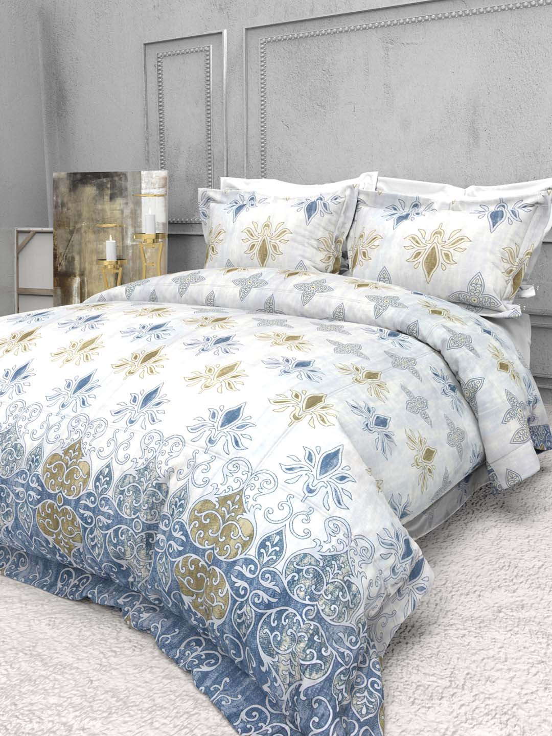 

THE WHITE MOSS Seasons White & Blue 220 TC Pure Cotton King Bedsheet with 2 Pillow Covers