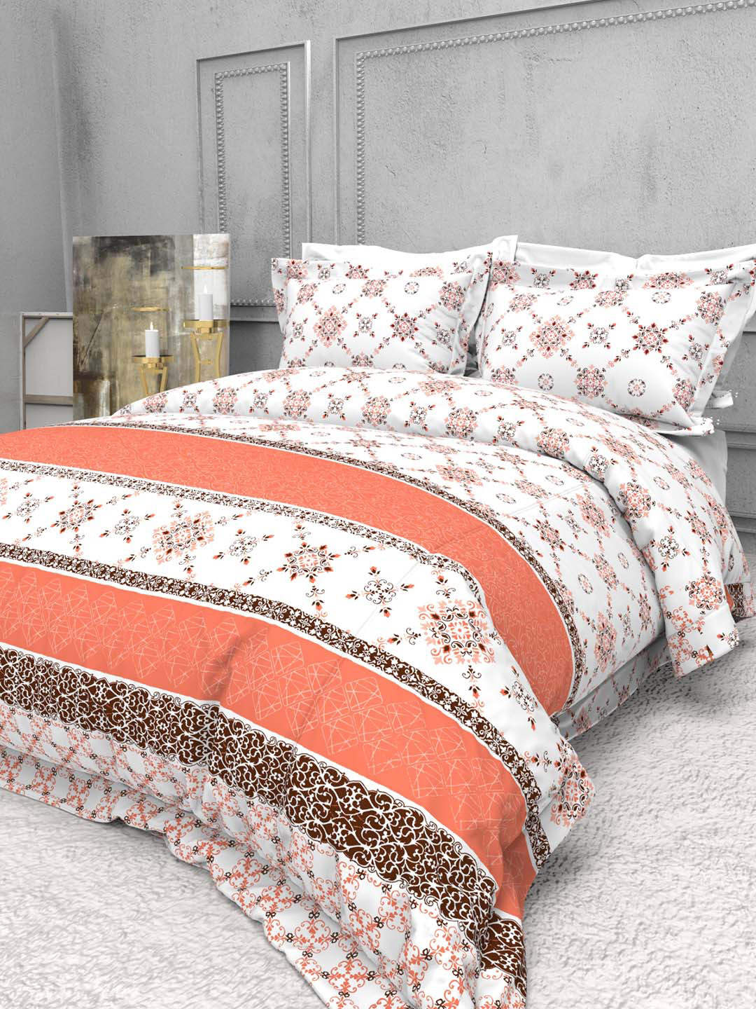 

THE WHITE MOSS Seasons White & Coral 220 TC Pure Cotton King Bedsheet & 2 Pillow Covers