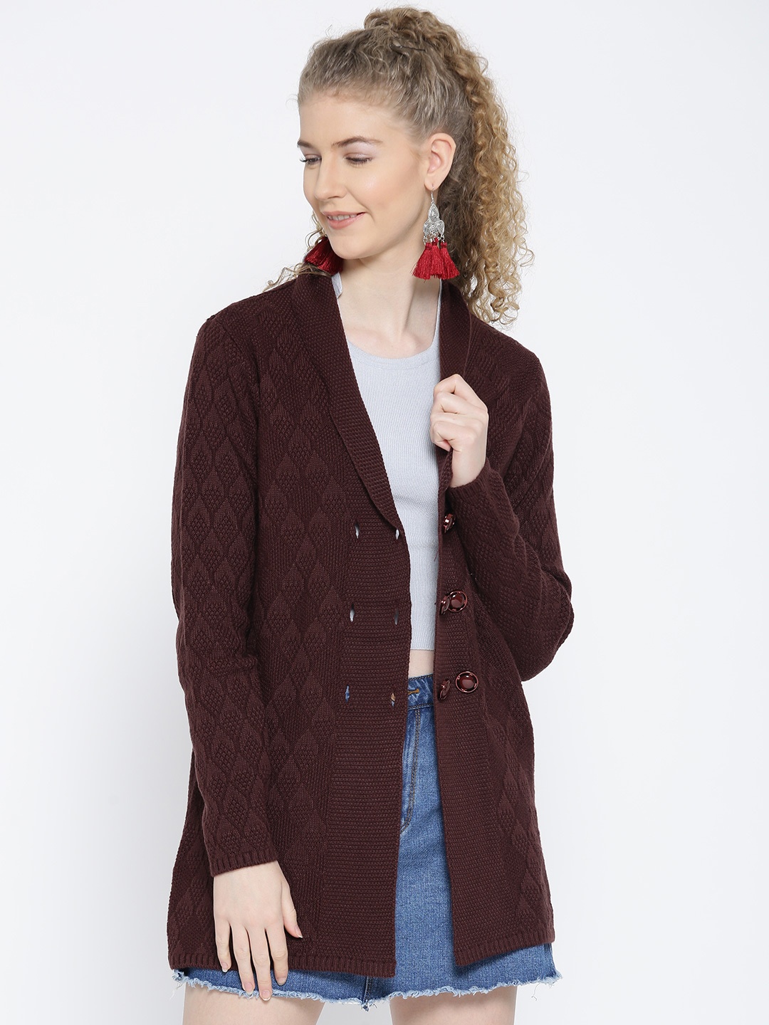 

Madame Women Brown Self-Design Cardigan