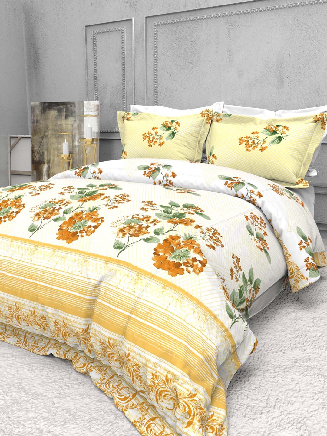 

THE WHITE MOSS Seasons Yellow 220 TC Pure Cotton King Bedsheet with 2 Pillow Covers