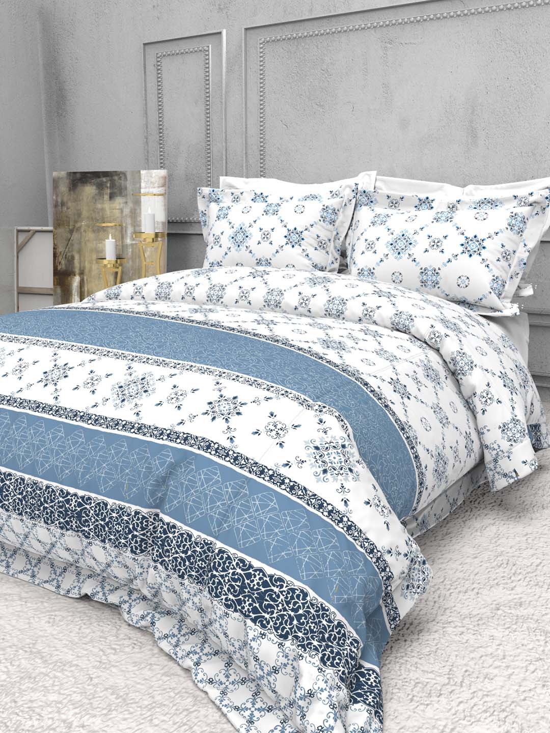

THE WHITE MOSS Seasons White & Blue 220 TC Cotton King Bedsheet with 2 Pillow Covers