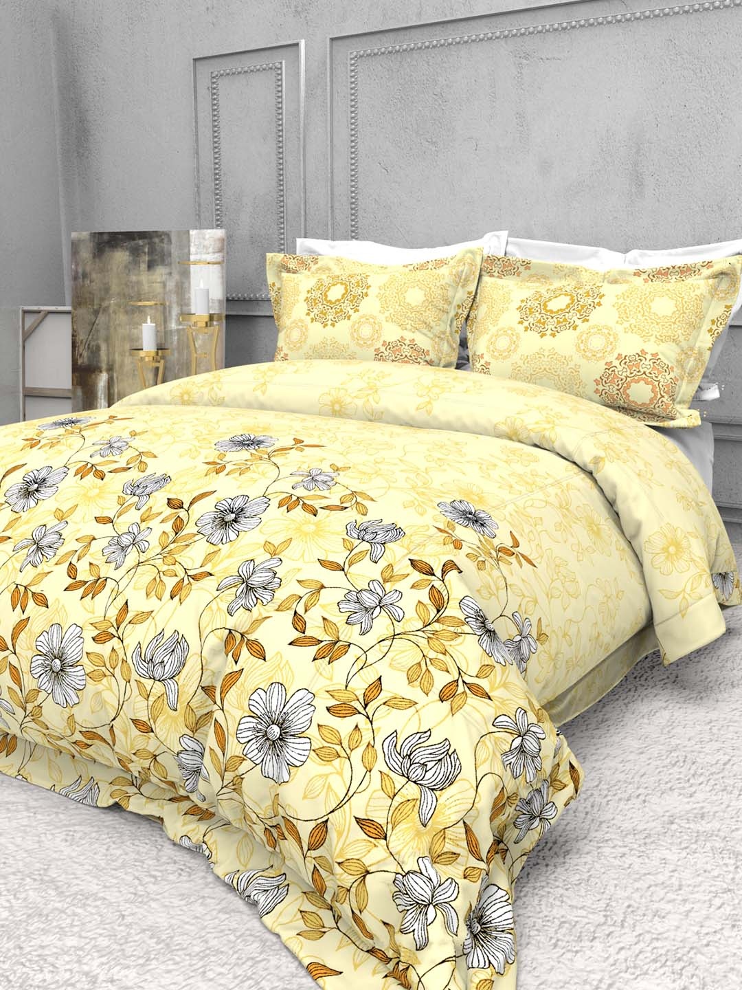 

THE WHITE MOSS Seasons Yellow Printed 220 TC Cotton King Bedsheet & 2 Pillow Covers