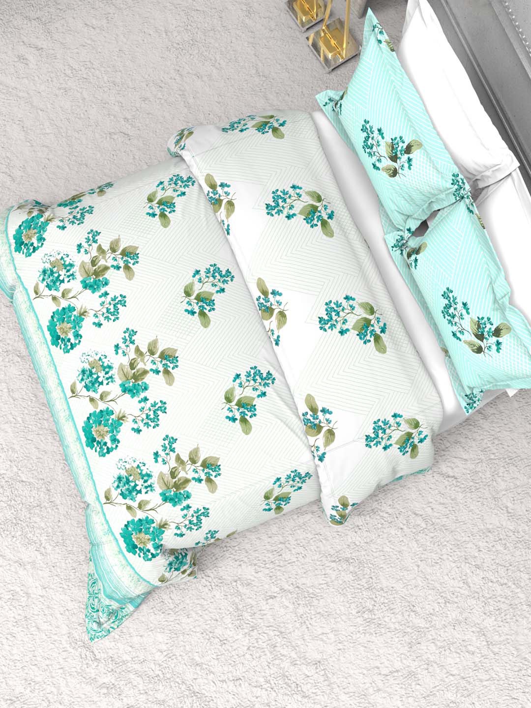 

THE WHITE MOSS Seasons Turquoise Blue 220 TC Pure Cotton King Bedsheet & 2 Pillow Covers