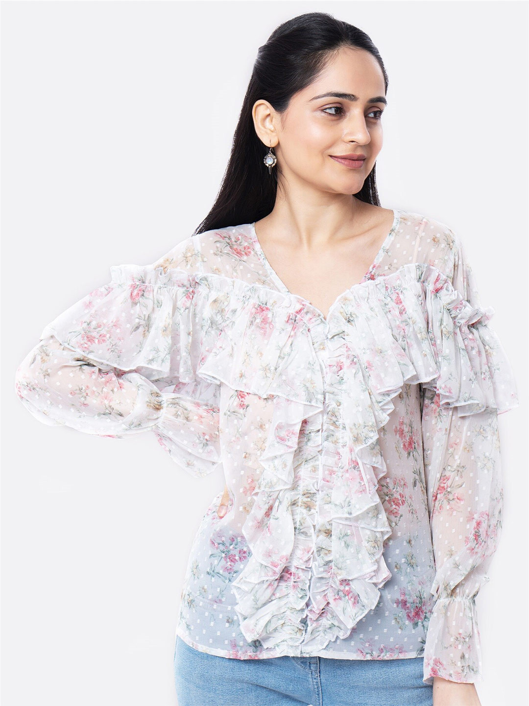 

MARZENI Floral Printed Bell Sleeve Frilled Chiffon Top, White