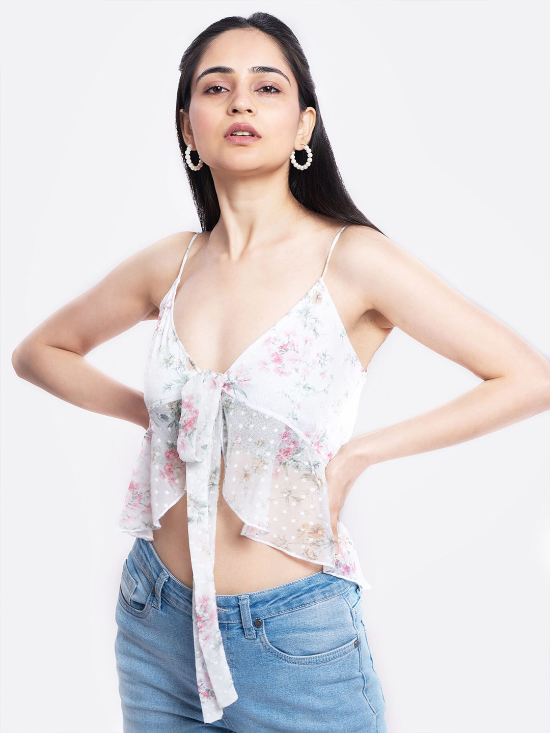 

MARZENI Floral Printed Satin Chiffon Crop Top, White