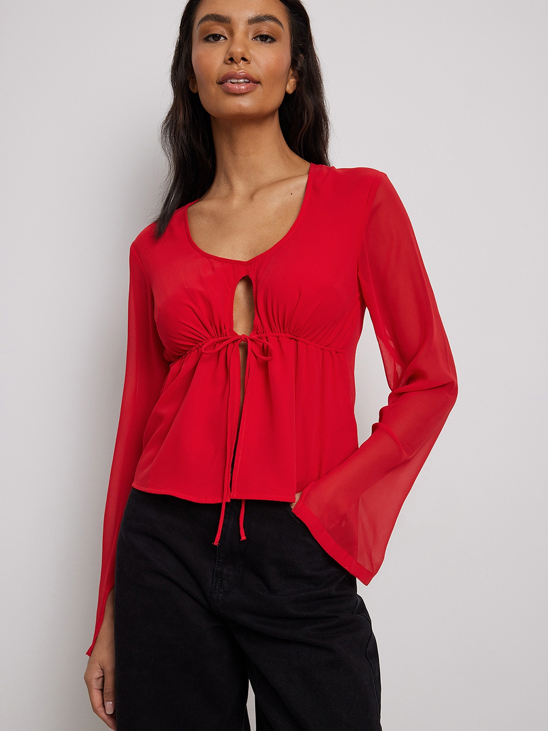 

NA-KD Cut-Out Tie-Up Detail Flared Sleeves Top, Red