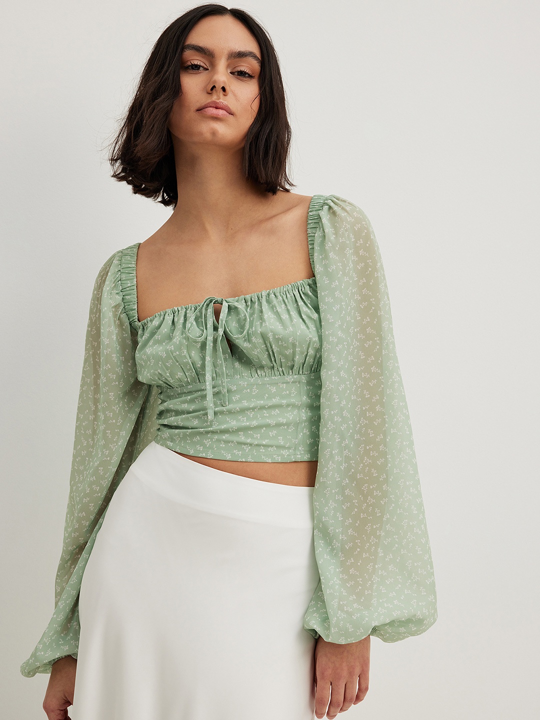 

NA-KD Floral Print Puff Sleeve Crop Top, Green