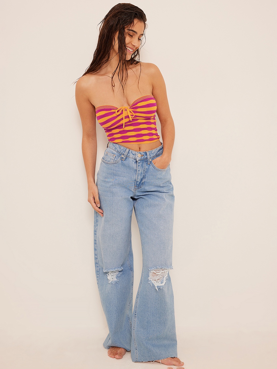 

NA-KD Striped Fine Knitted Off-Shoulder Tube Crop Top, Pink