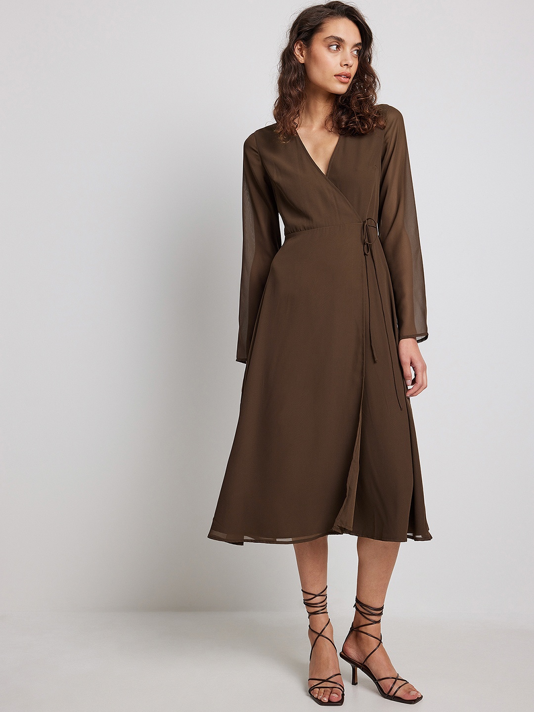 

NA-KD Wrap Midi Dress, Coffee brown