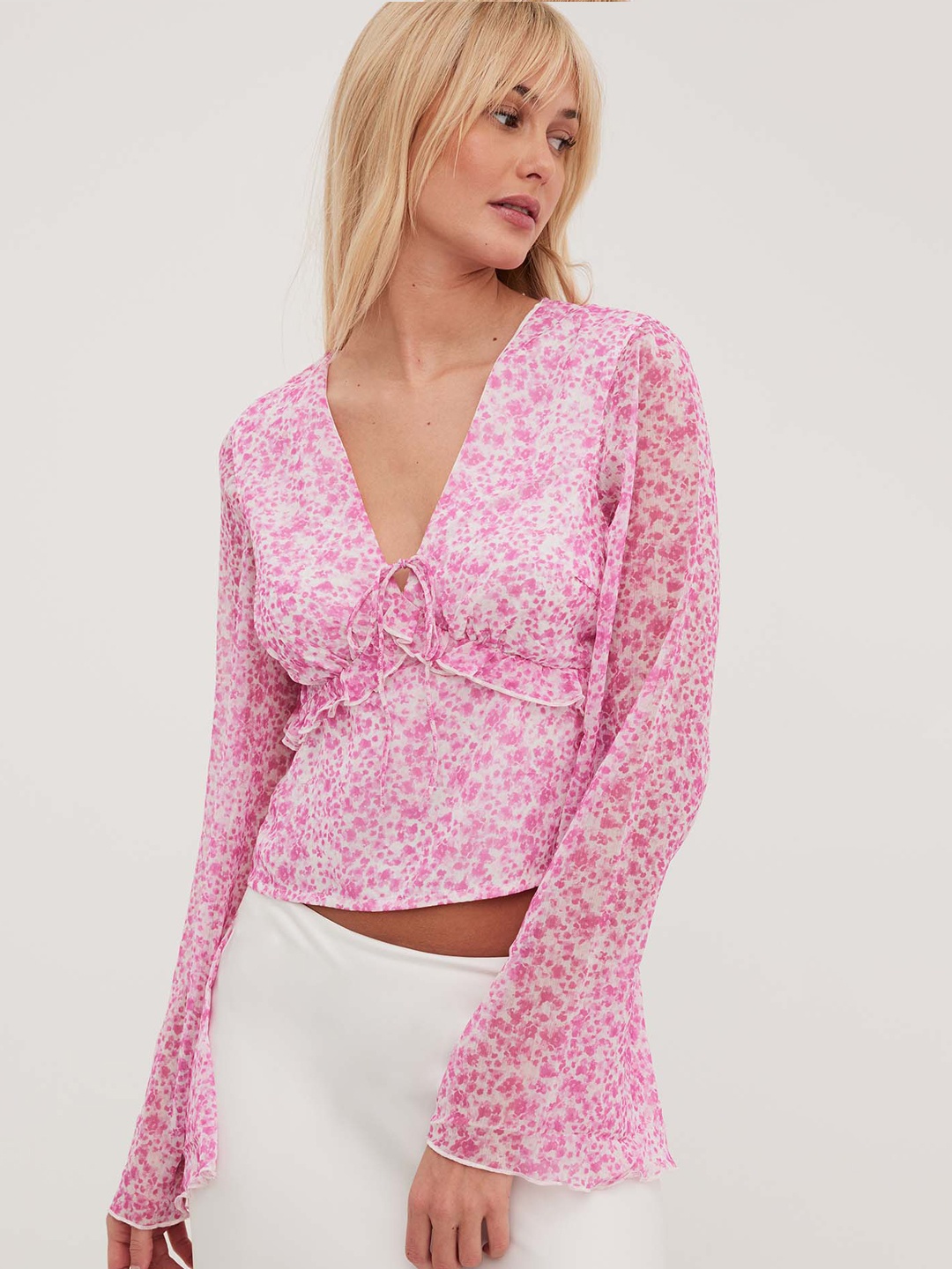 

NA-KD Floral Print Flared Sleeve Top, Pink