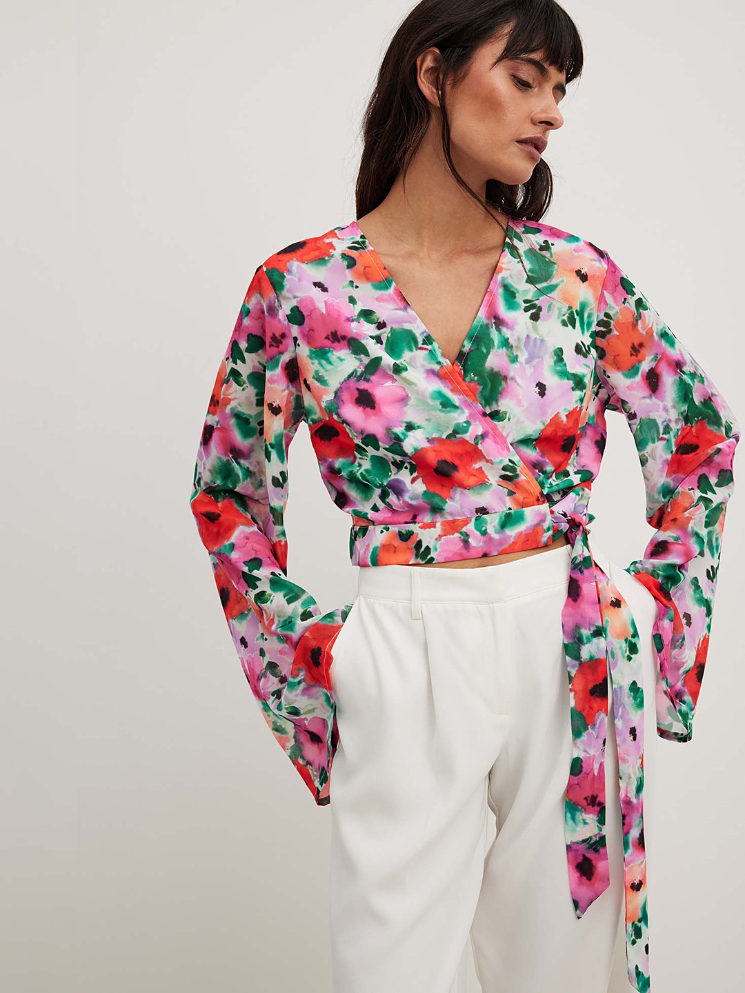 

NA-KD Floral Print Wrap Crop Top, Off white