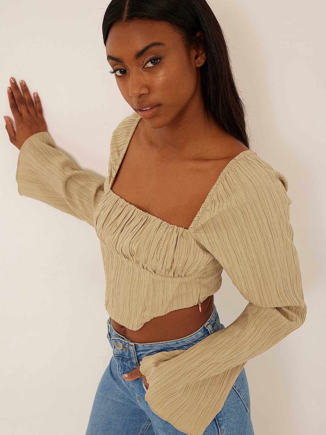 

NA-KD Ruched Crop Corset Top, Beige