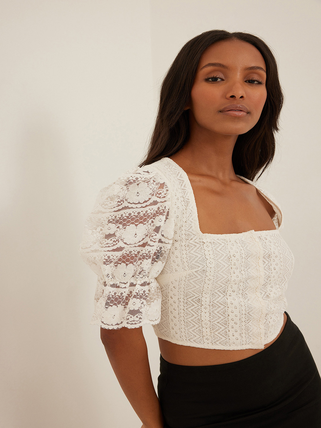 

NA-KD Lace Inserts Shirt Style Crop Top, White