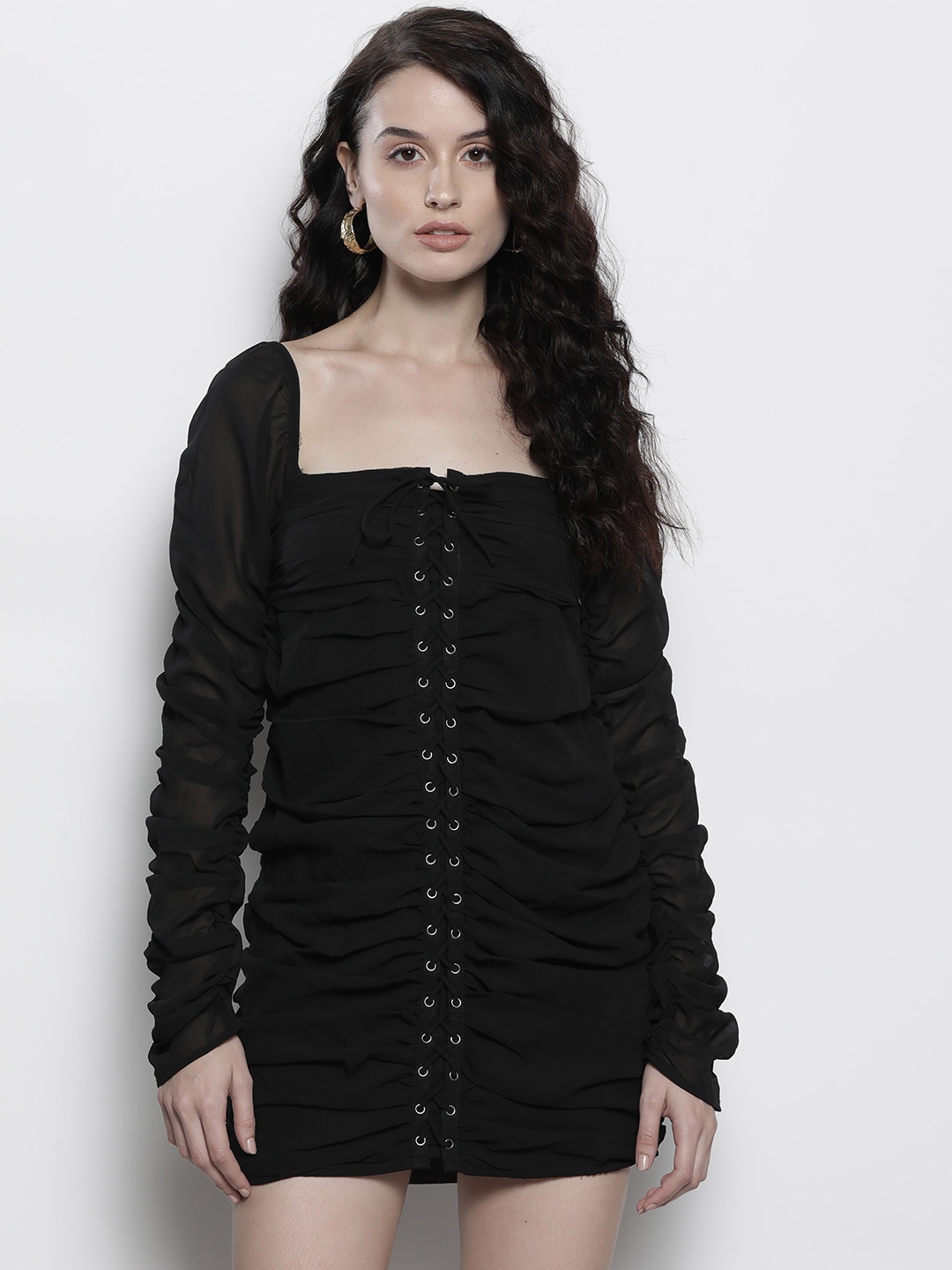 

NA-KD Lace-Up Front Puff Sleeve Bodycon Mini Dress, Black