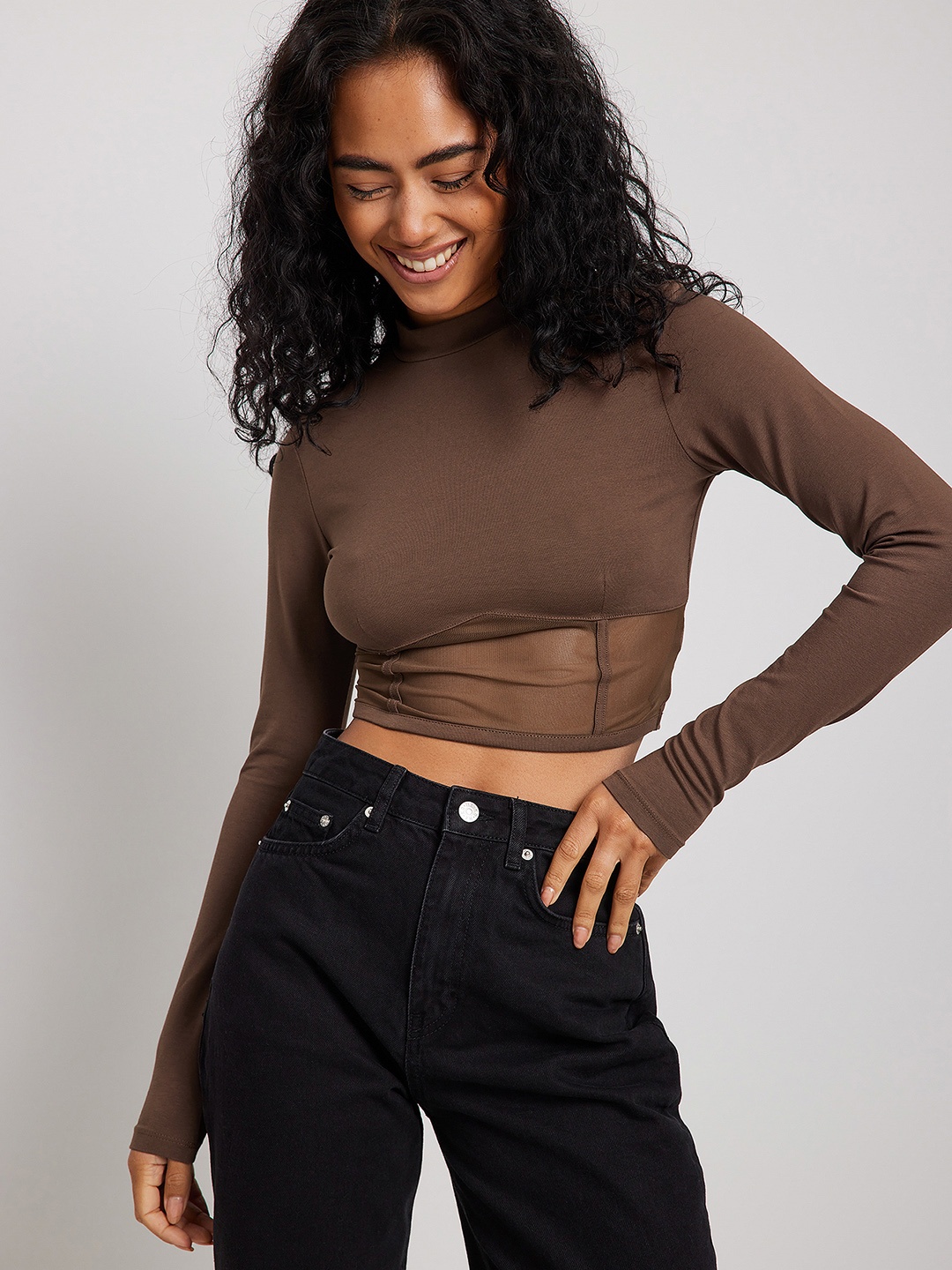

NA-KD Mesh Detail Crop Top, Brown