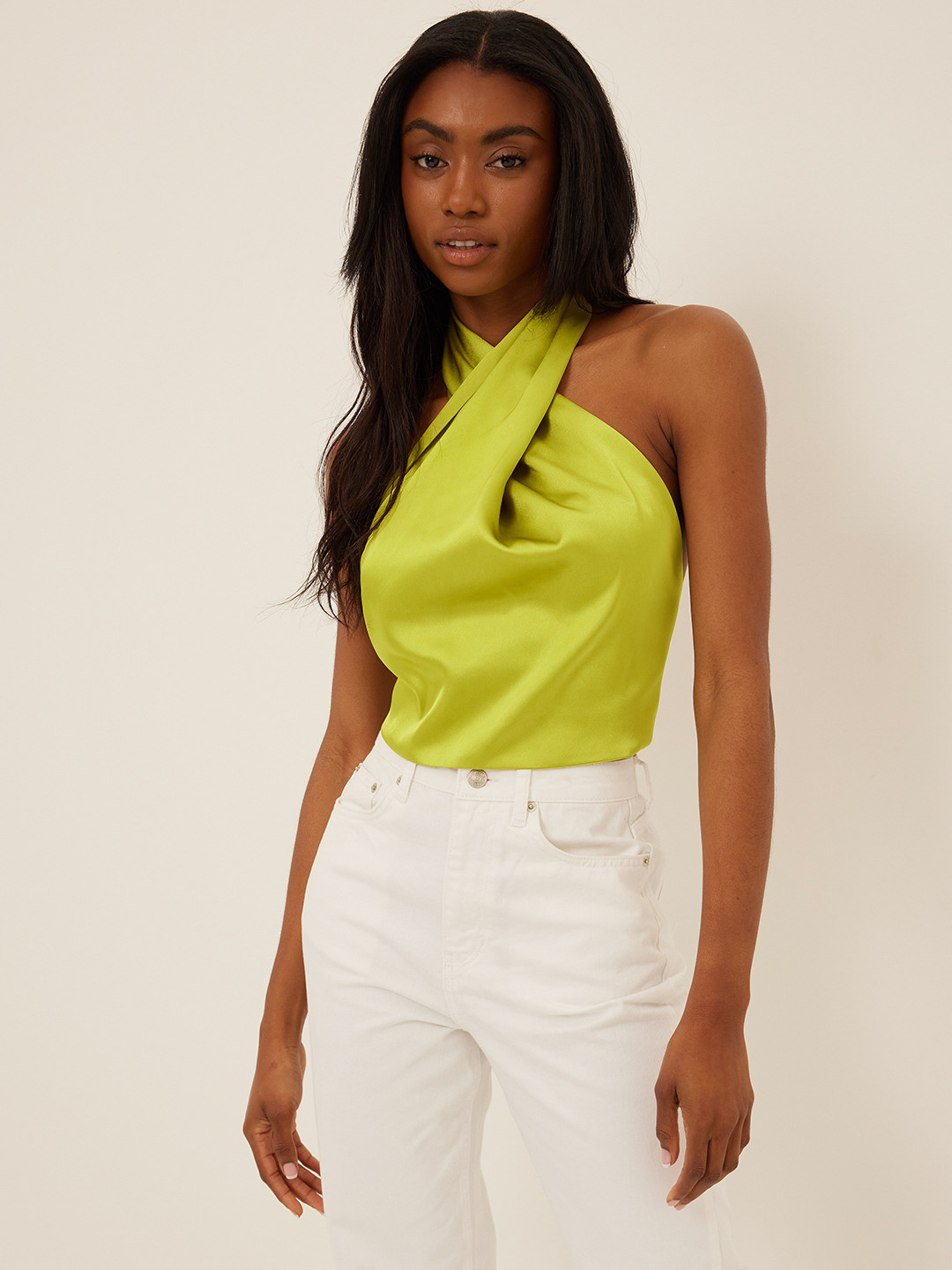

NA-KD Satin Wrap Crop Top, Lime green