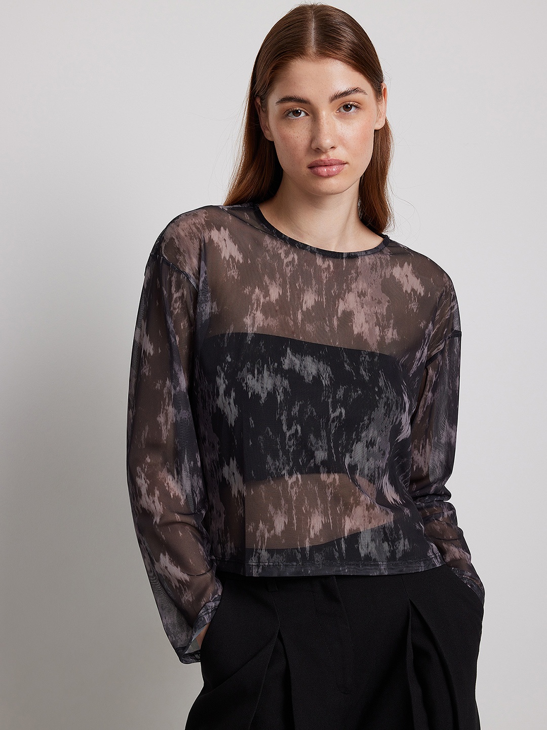 

NA-KD Printed Sheer Net Top, Black