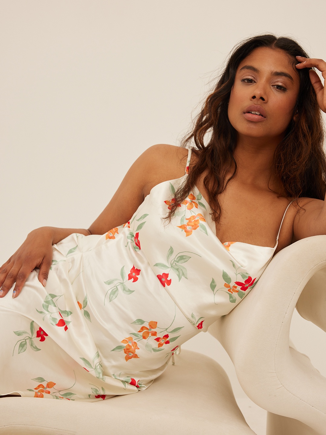 

NA-KD Floral Print Satin Sheath Mini Dress, Cream