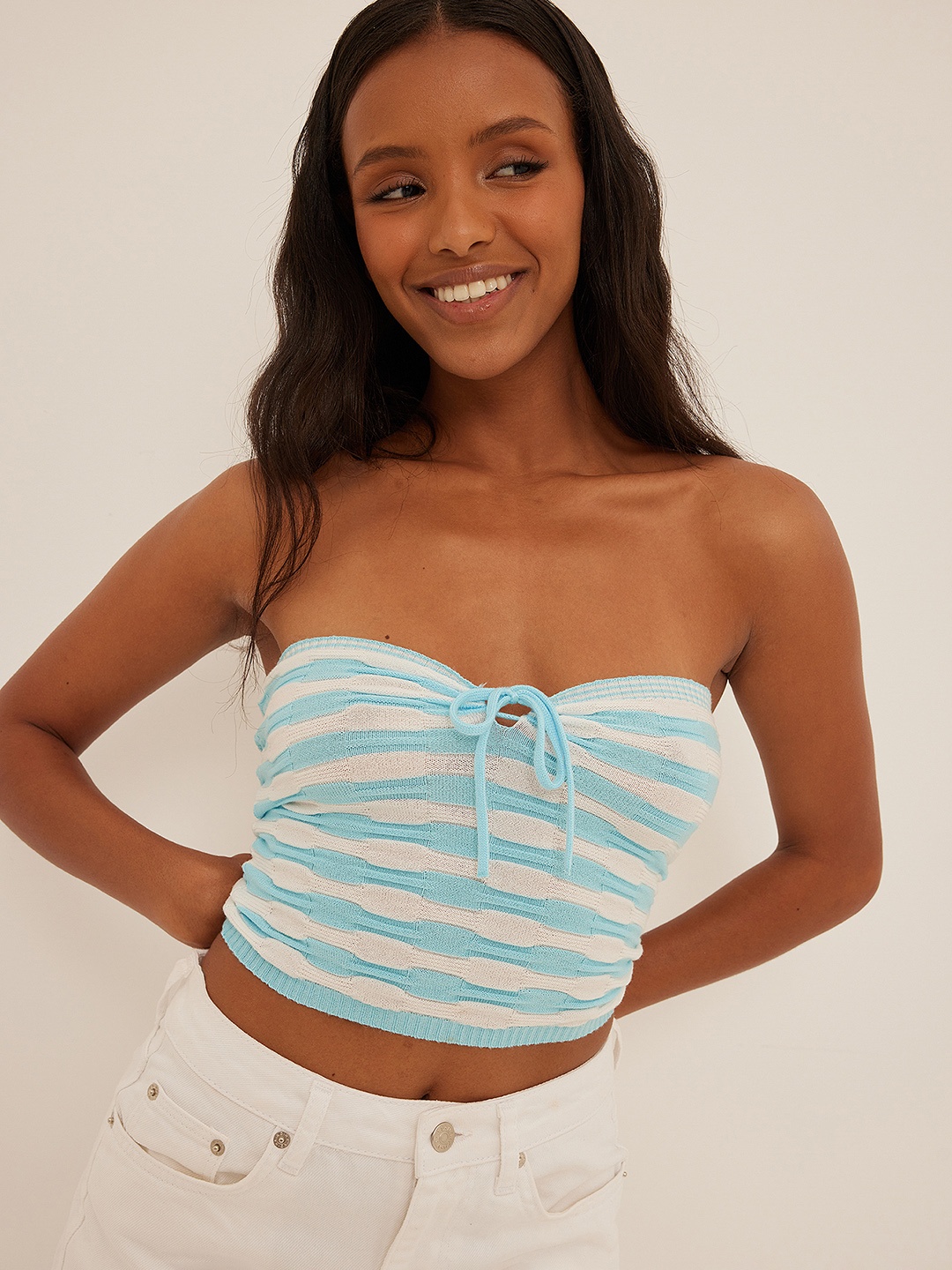 

NA-KD Knitted Striped Tube Crop Top, Blue