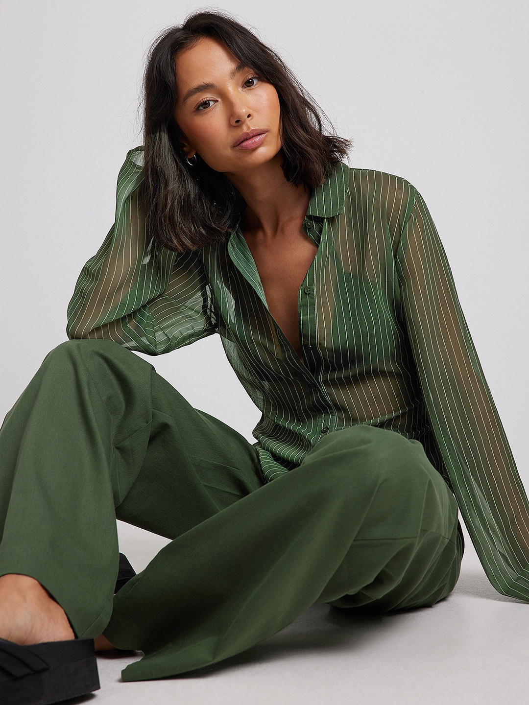

NA-KD Striped Sheer Shirt, Green