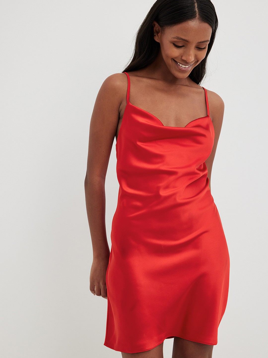

NA-KD Cowl Neck Satin Finish Sheath Mini Dress, Red