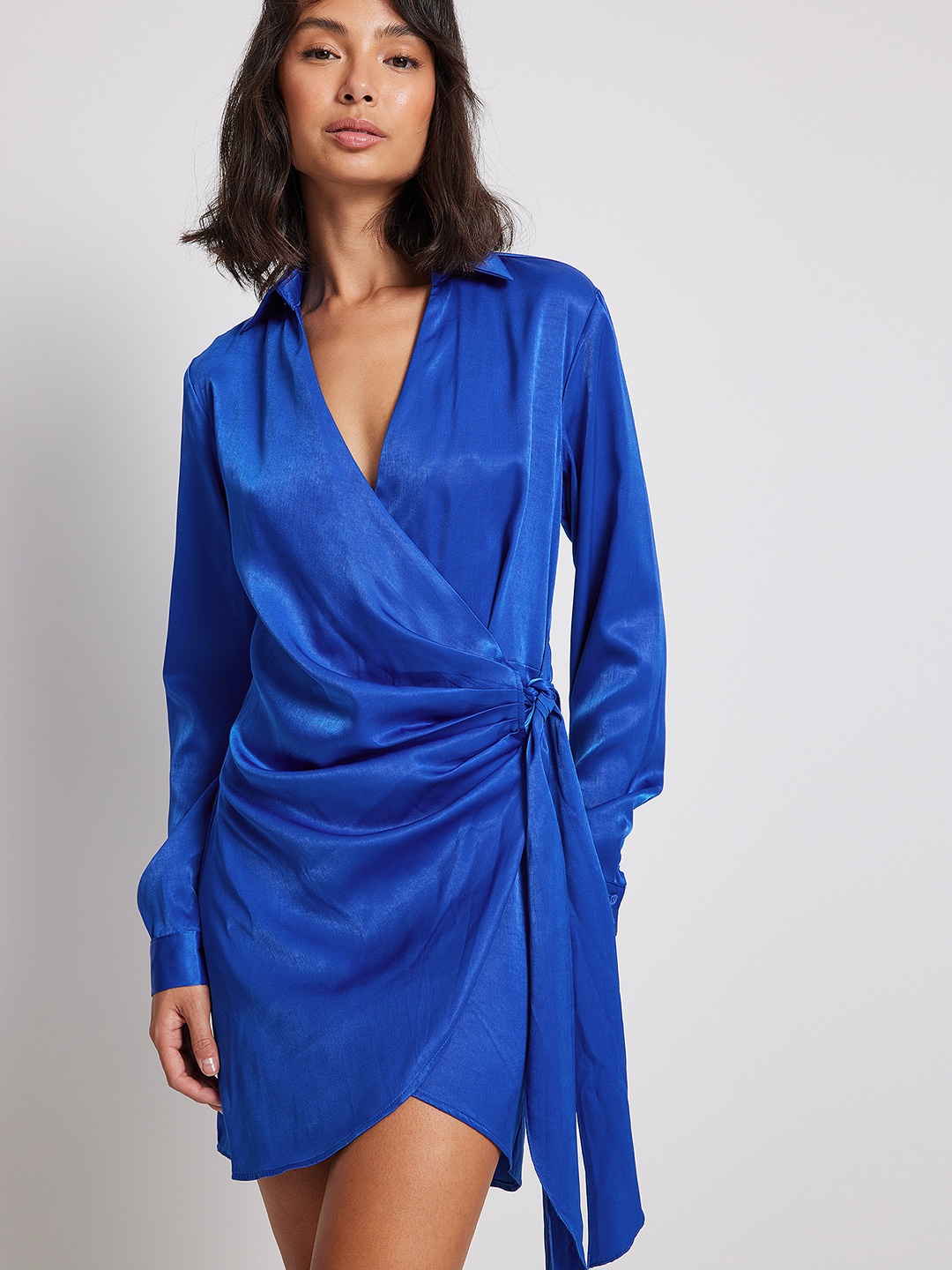 

NA-KD Puff Sleeves Satin Finish Wrap Mini Dress, Blue