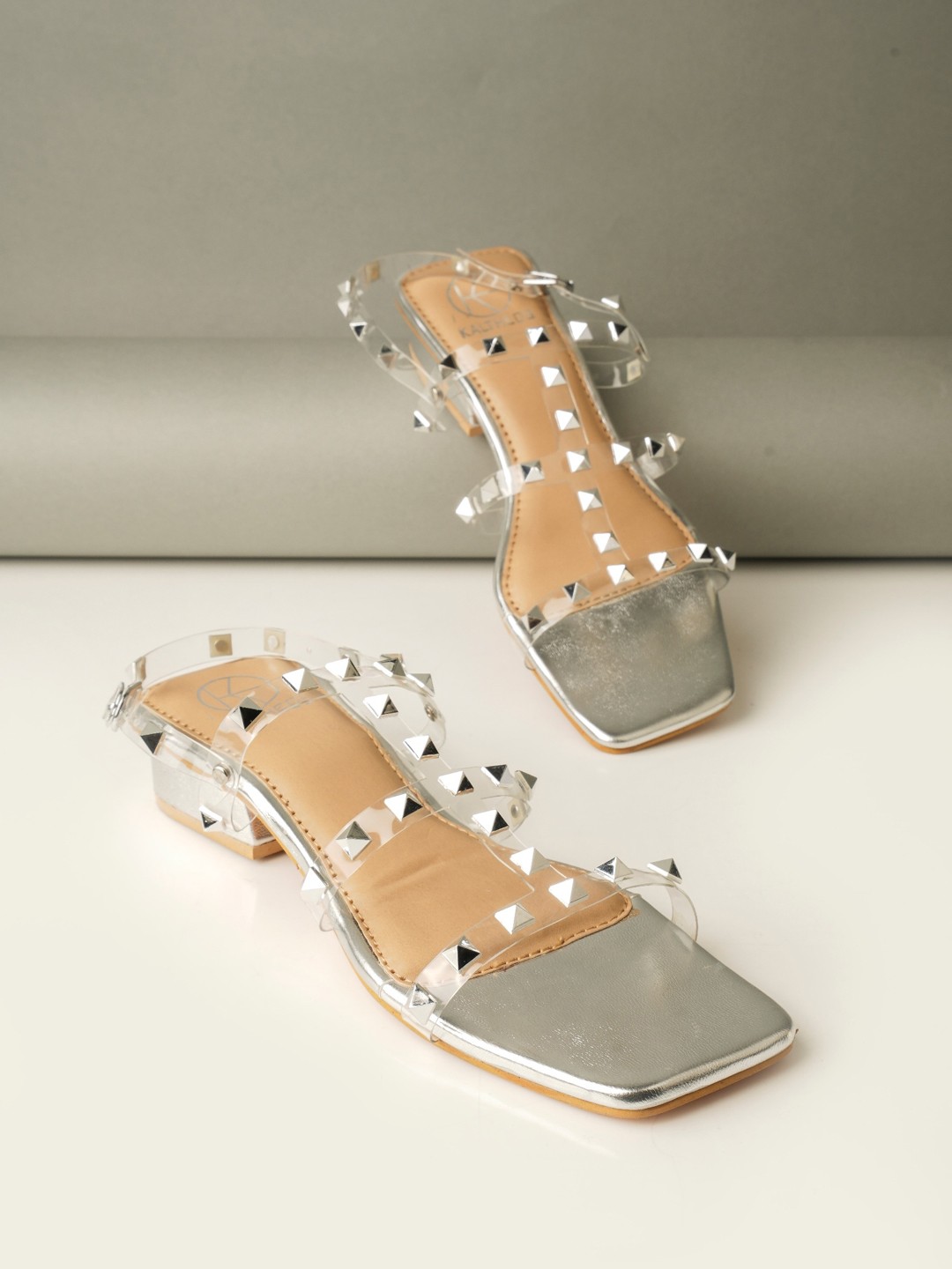 

KALTHEOS Embellished Block Heels, Silver