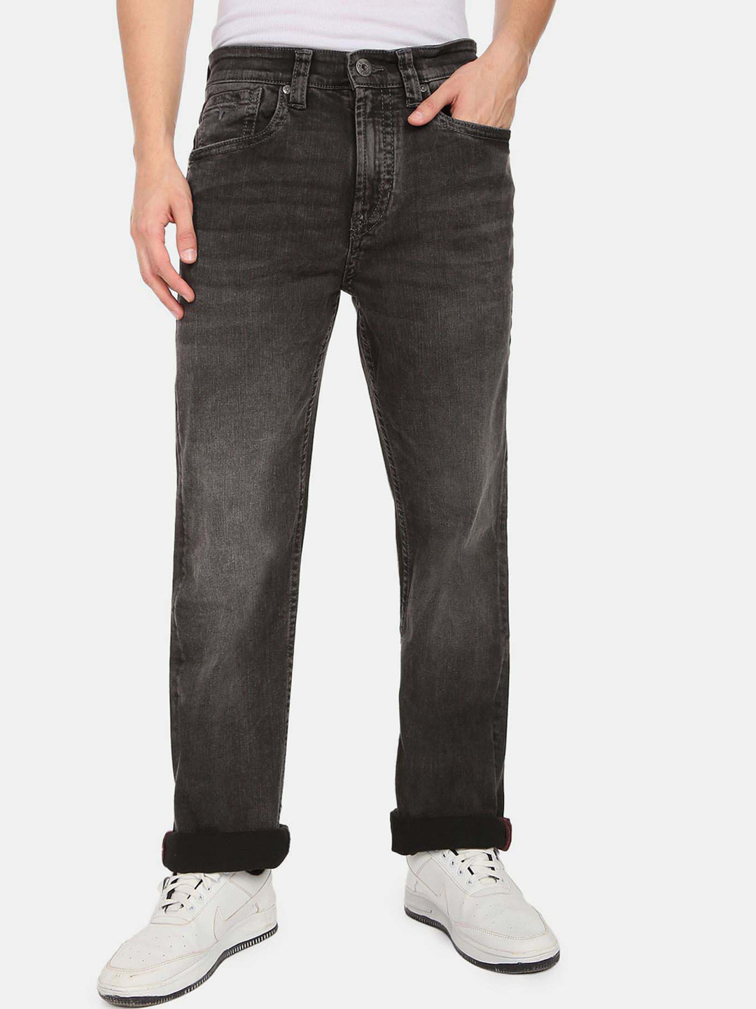 

Flying Machine Men Straight Fit Mid Rise Heavy Fade Whiskered Jeans, Black