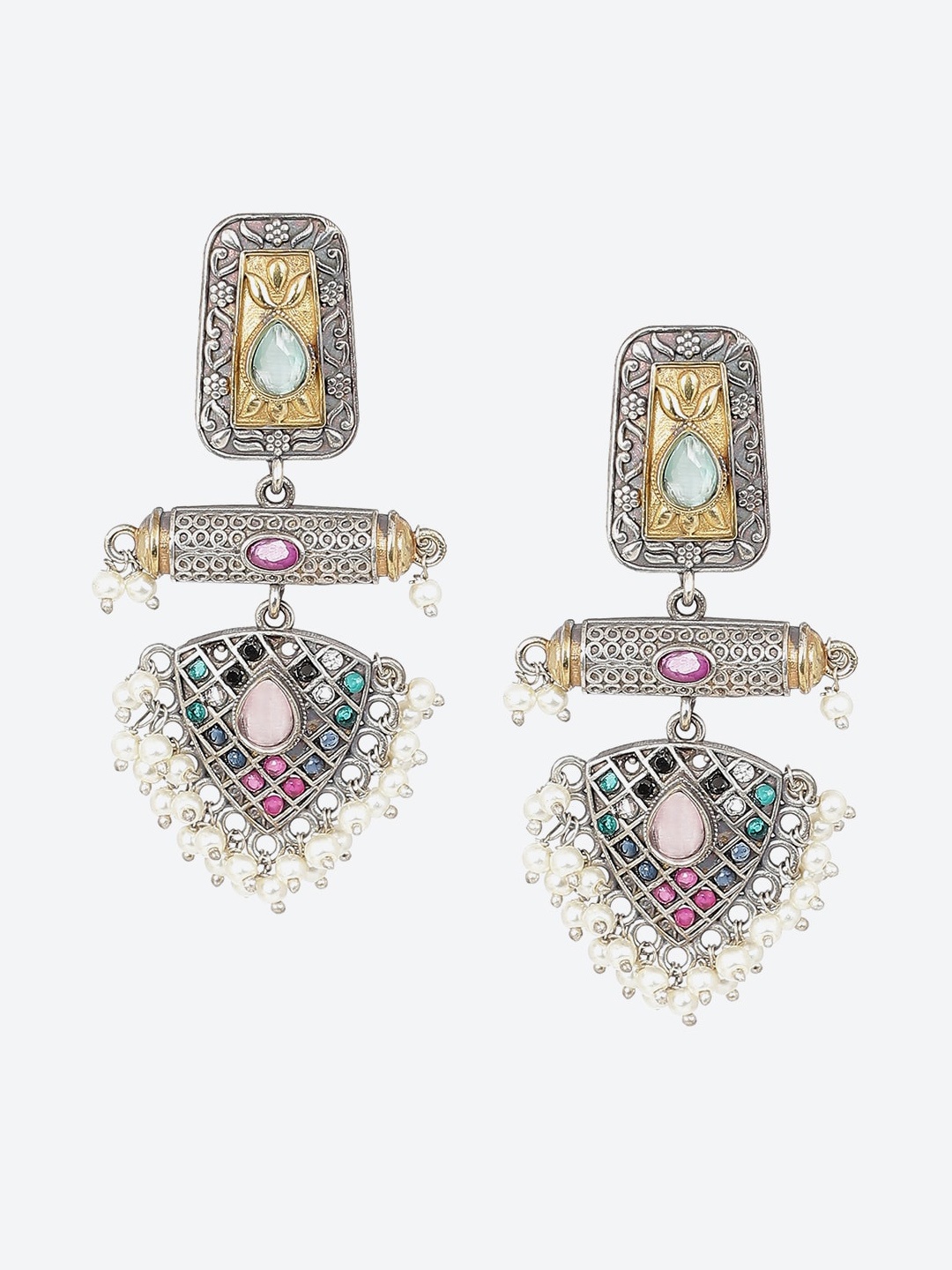 

Biba Oxidised Contemporary Stone-Studded Drop Earrings, Silver