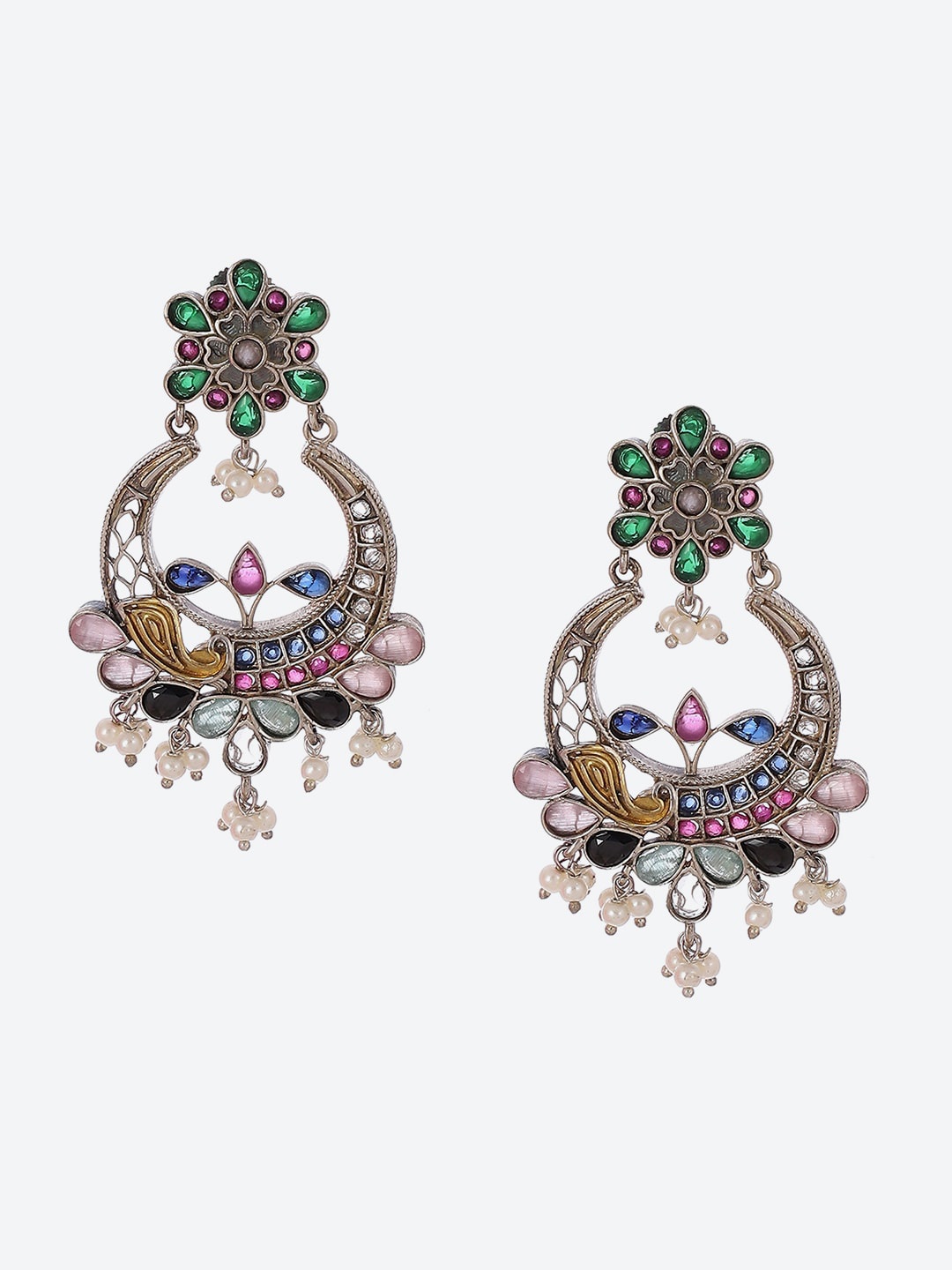 

Biba Silver-Plated Artificial Stones and Beads Contemporary Chandbalis Earrings