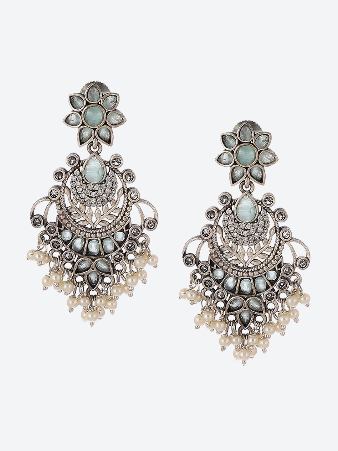 

Biba Oxidised Contemporary Stone-Studded & Beaded Drop Earrings, Silver