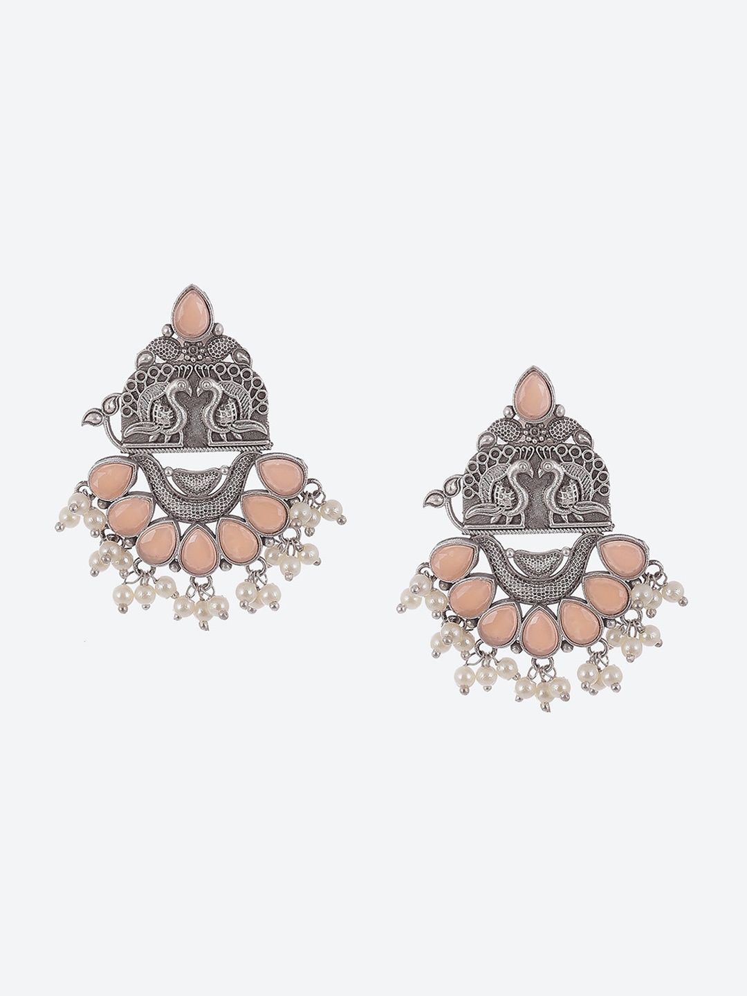 

Biba Oxidised Contemporary Stone-Studded & Beaded Drop Earrings, Silver