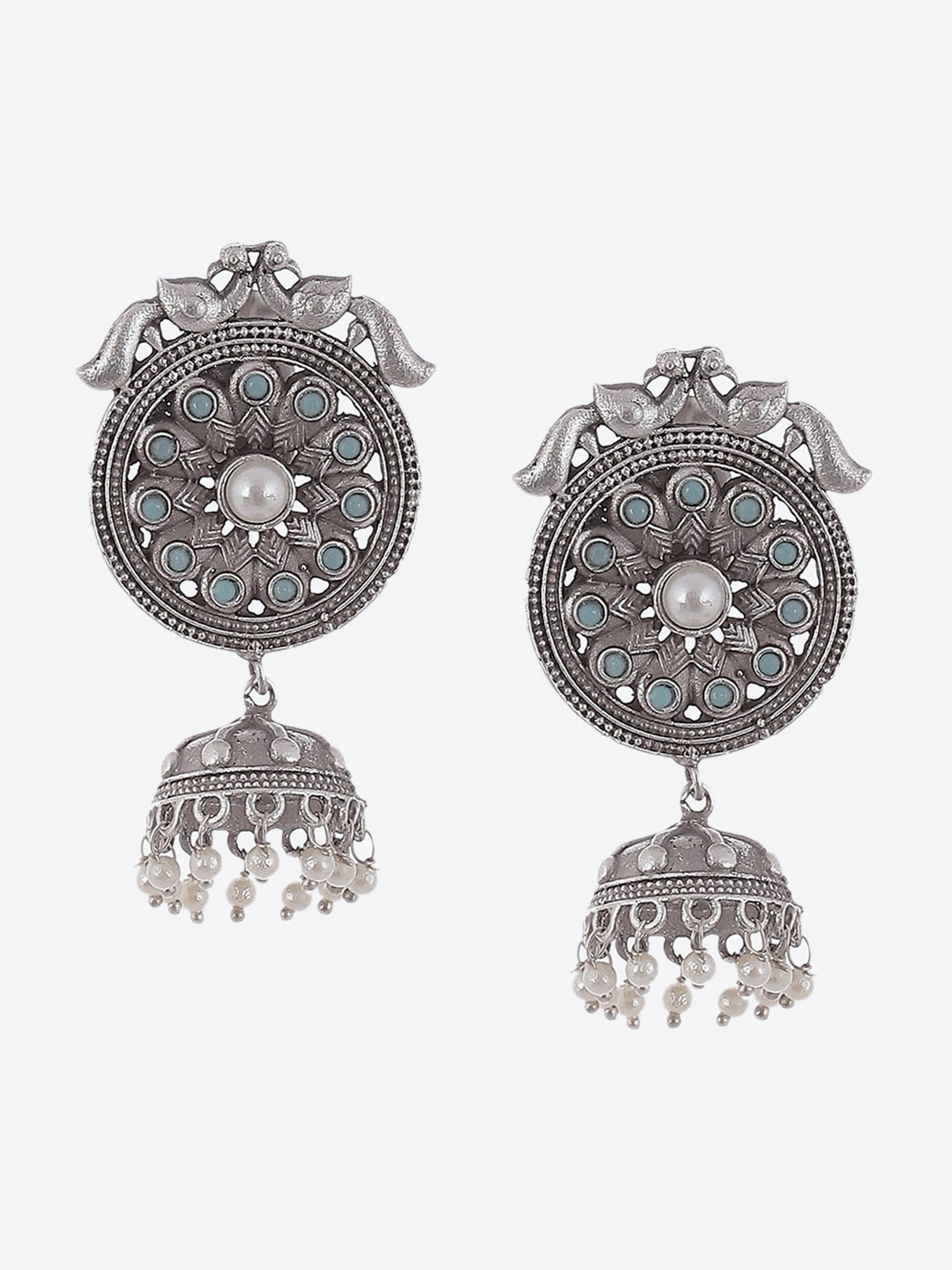 

Biba Oxidised Contemporary Stone-Studded & Beaded Jhumkas Earrings, Silver