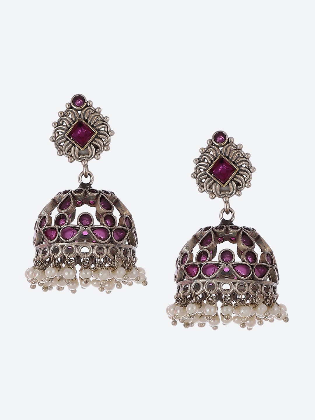 

Biba Silver-Plated Artificial Stones and Beads Contemporary Jhumkas Earrings