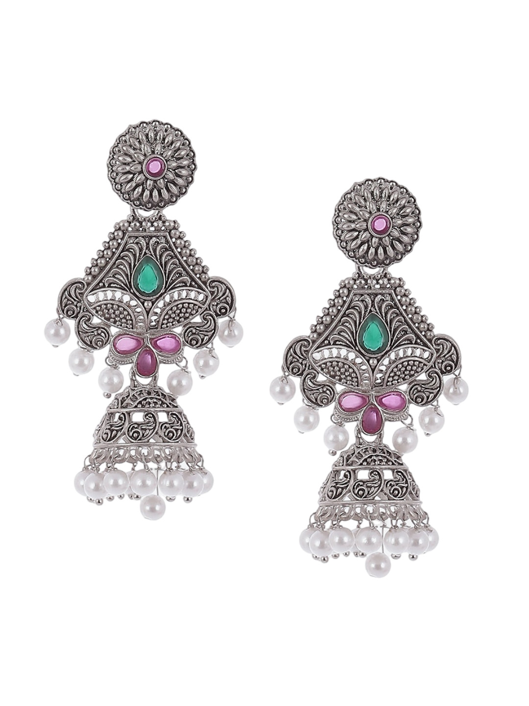 

Biba Silver-Plated Oxidised Contemporary Jhumkas Earrings