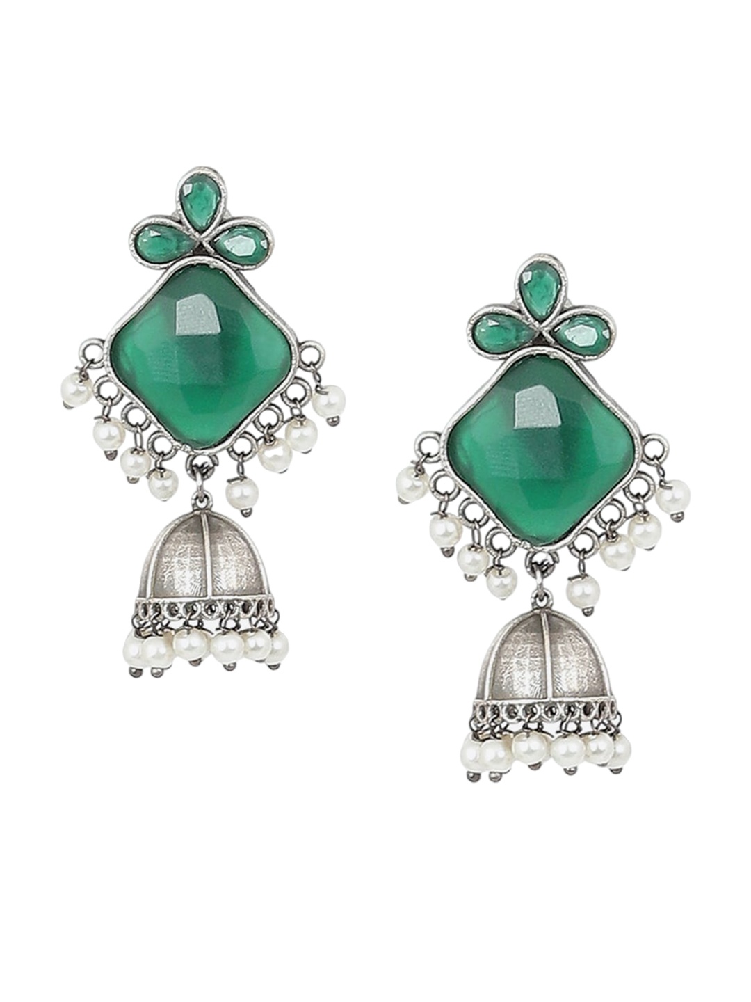 

Biba Contemporary Stone-Studded & Beaded Jhumkas, Silver