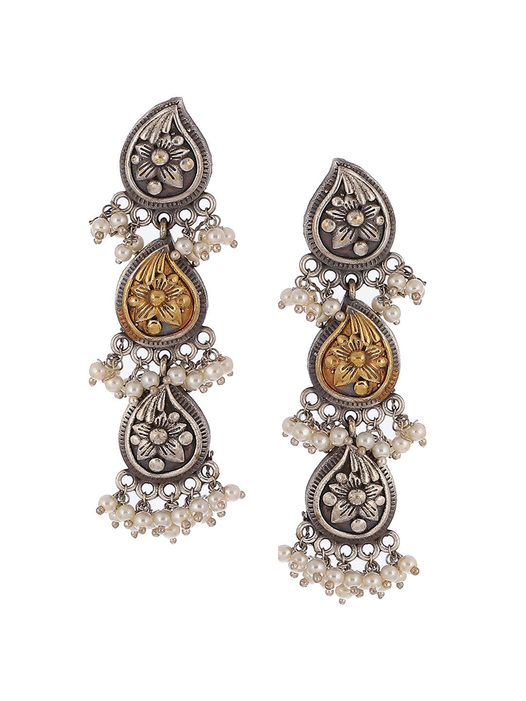 

Biba Oxidised Contemporary Stone-Studded & Beaded Drop Earrings, Silver