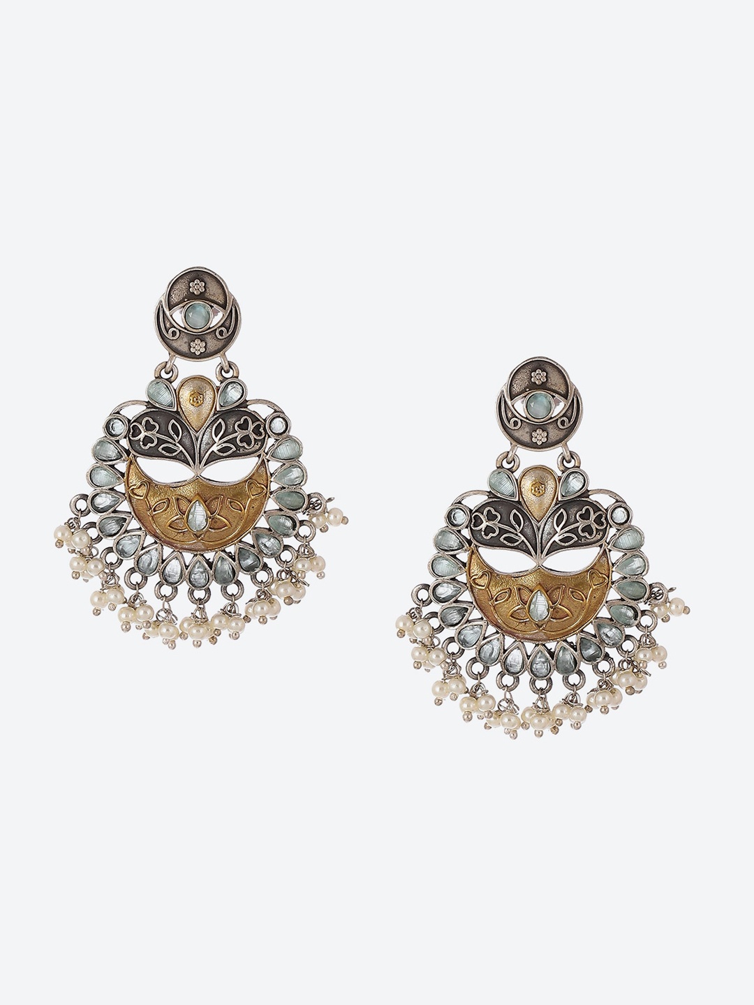 

Biba Silver-Plated Contemporary Oxidised Stone Studded Chandbalis Earrings