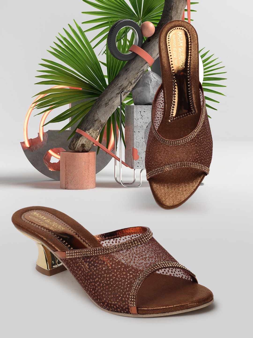 

madam glorious Embellished Kitten Heel Mules, Copper
