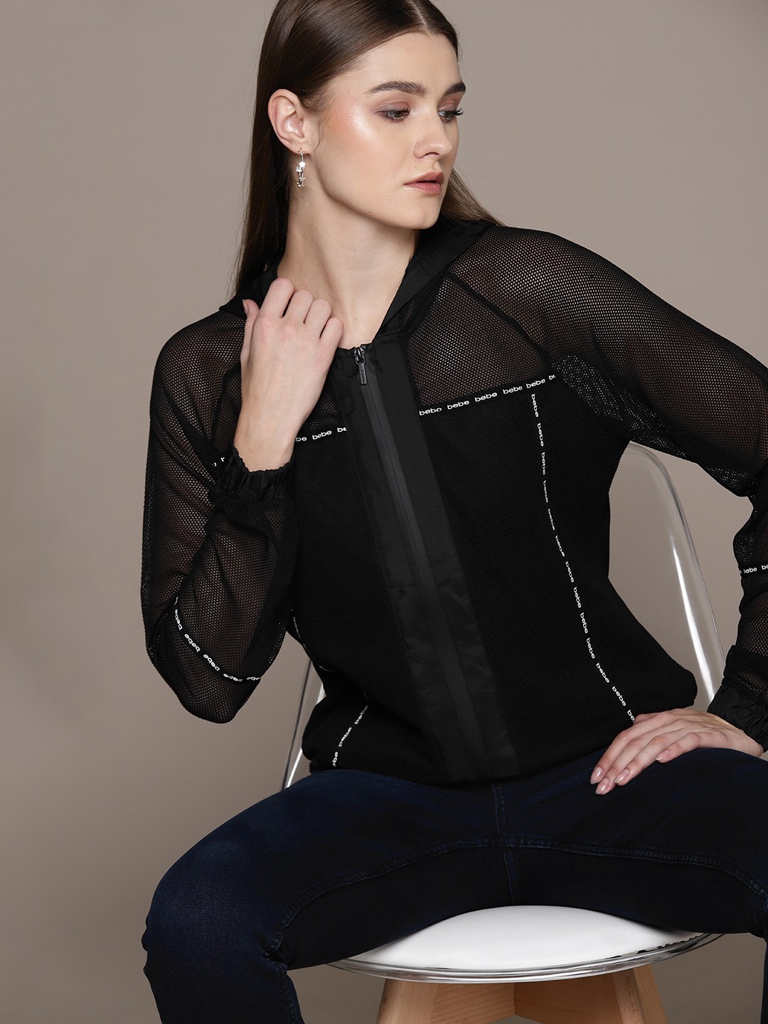 

bebe Women AM-PM Mesh Hooded Sweatshirt, Black