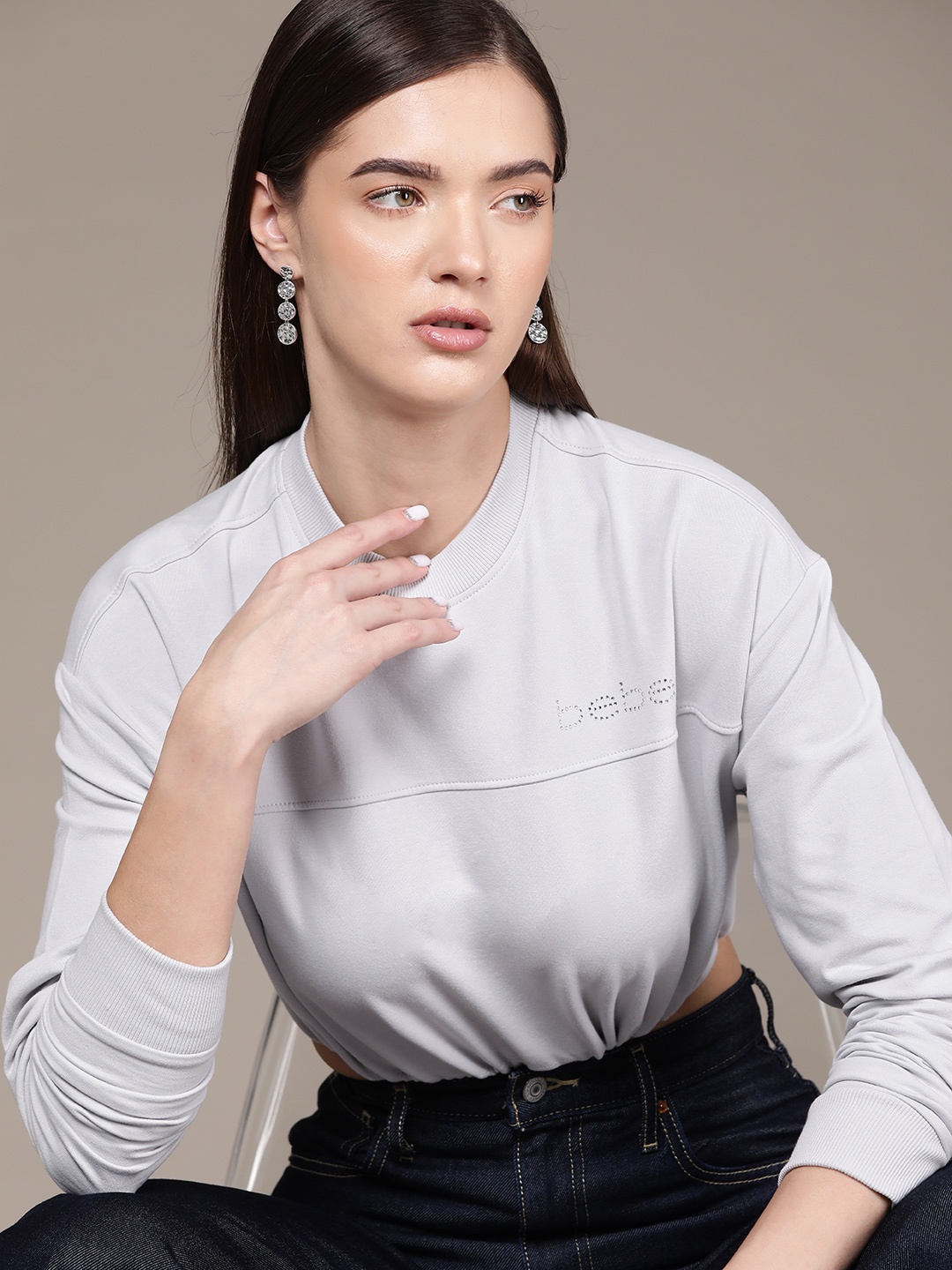 

bebe Brand Logo Embellished Detail All Day Crop Sweatshirt, Grey