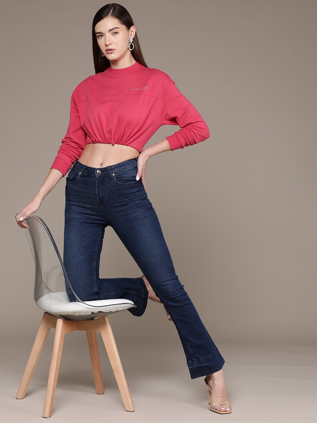 

bebe Brand Logo Embellished Detail All Day Crop Sweatshirt, Red