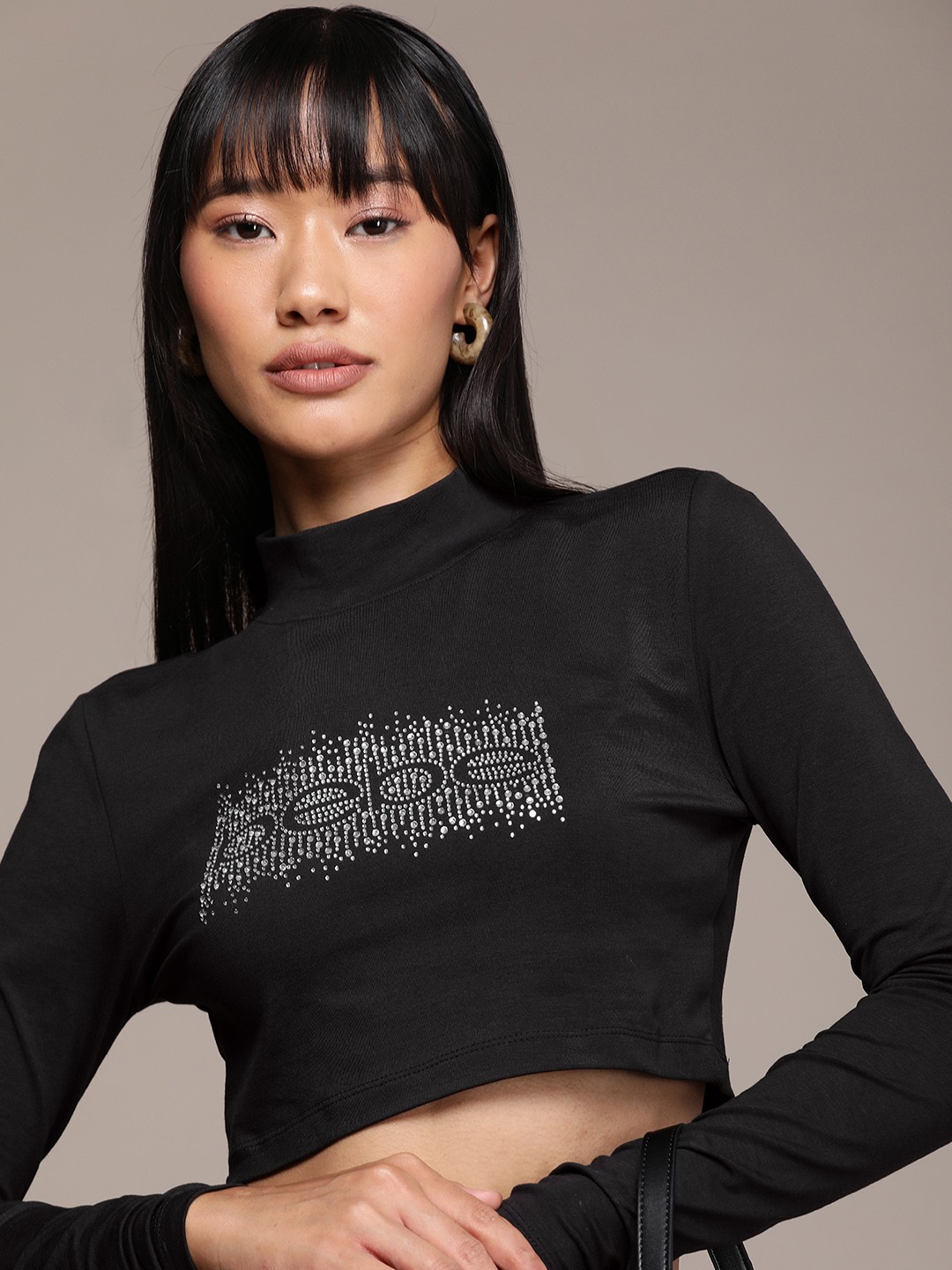 

bebe Embellished Brand Logo High Neck T-shirt, Black