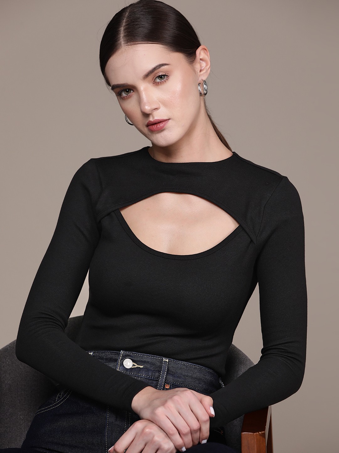 

bebe All Day Cut-Out Detail Full Sleeve Bodysuit, Black