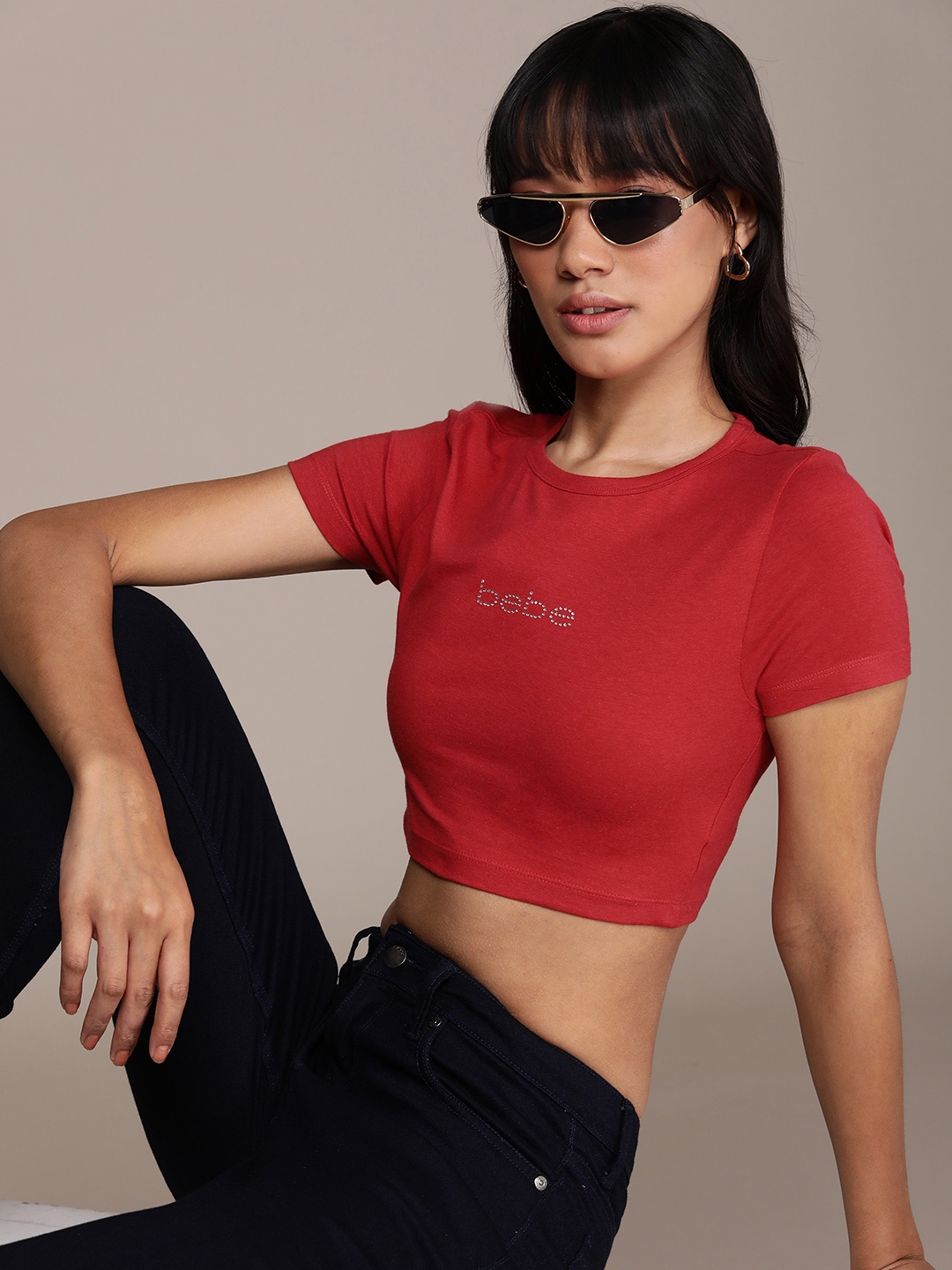 

bebe Solid With Stone Detail Short Sleeves Crop T-shirt, Red