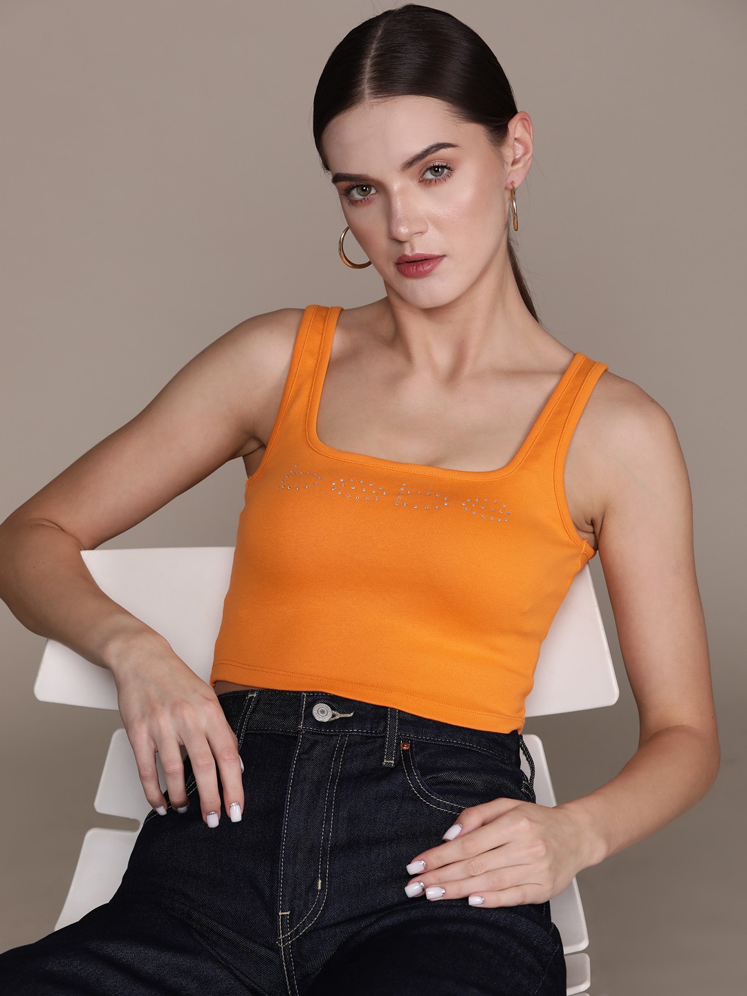 

bebe Bright Orange All Day Brand Logo Embellished Fitted Crop Top