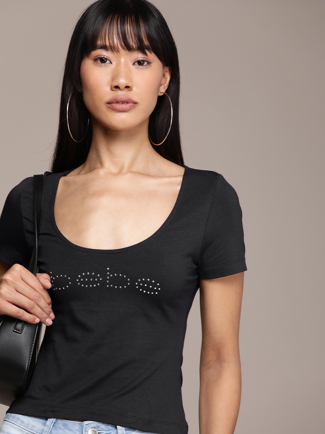 

bebe Embellished Scoop Neck T-shirt, Black