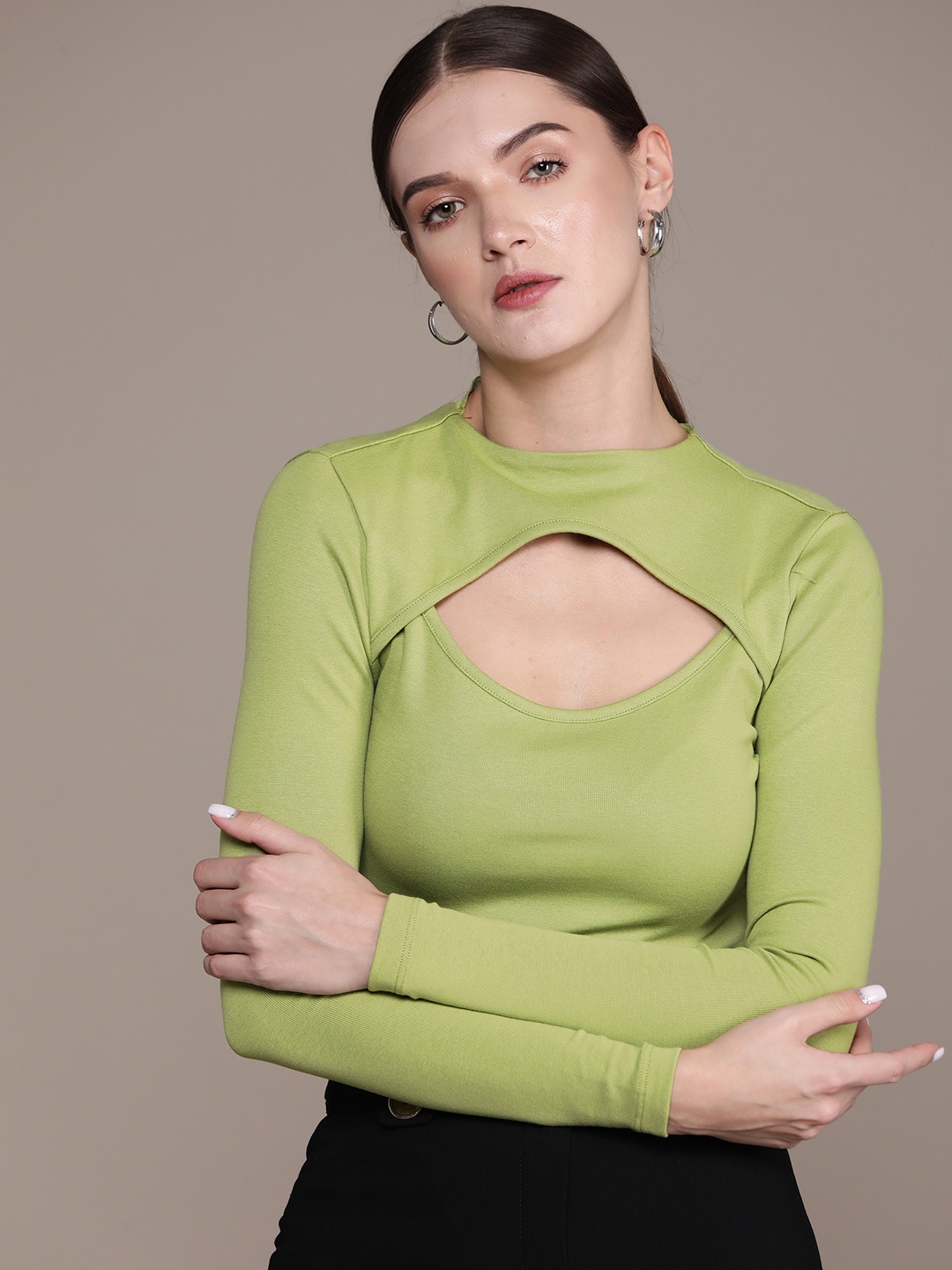 

bebe All Day Cut-Out Detail Full Sleeve Bodysuit, Green