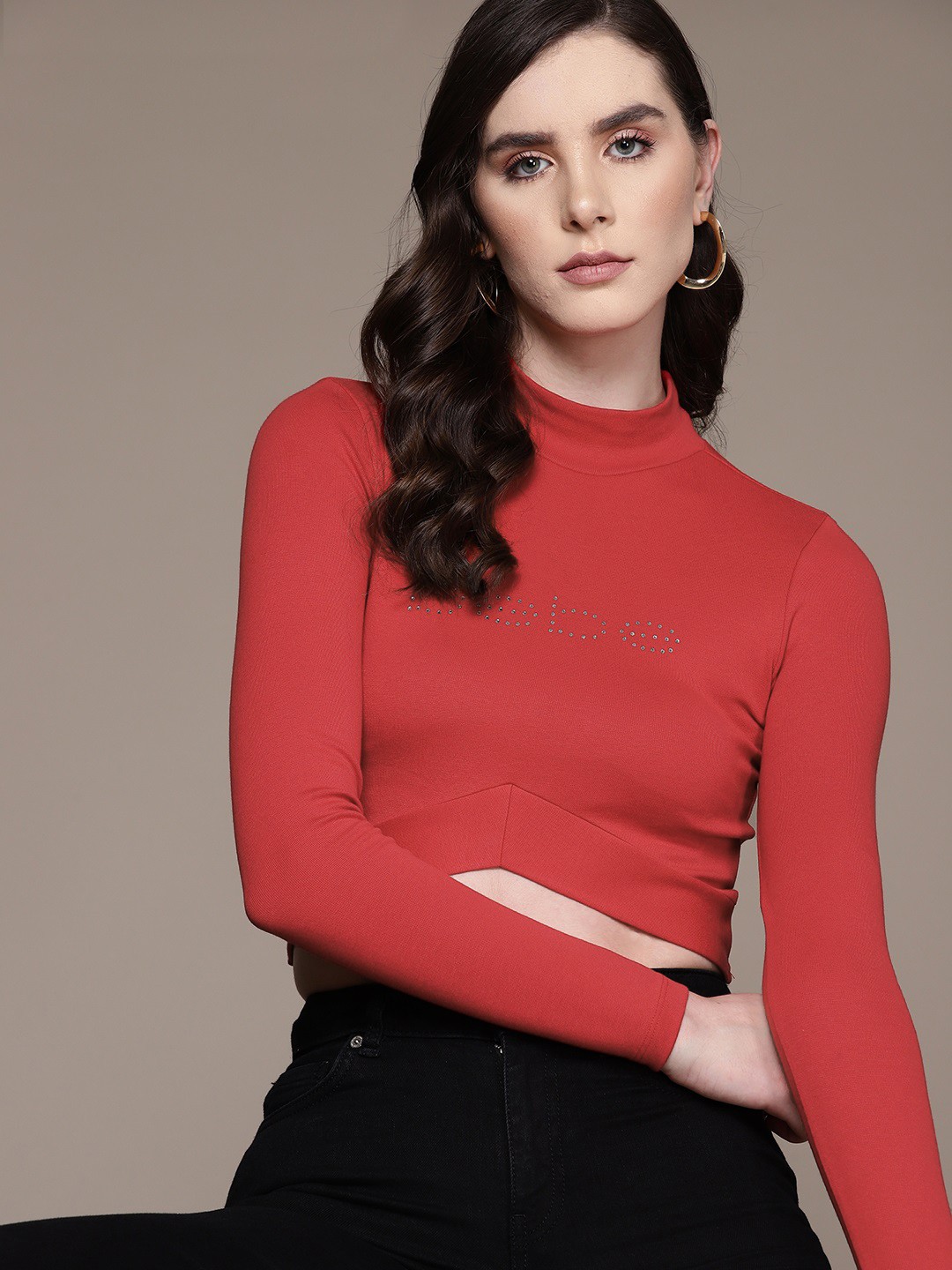 

bebe Salsa Brighter Basics Brand Logo Embellished Fitted Crop Top, Red